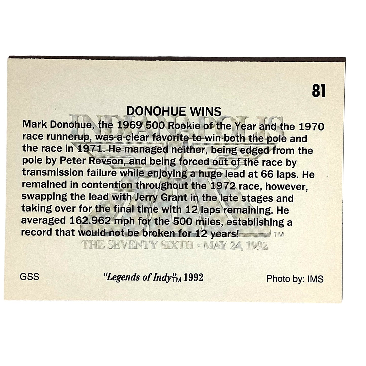 1972 Mark Donohue Wins, Indy 500, 1972 Action, 1992 Legends of Indy, Card No.81