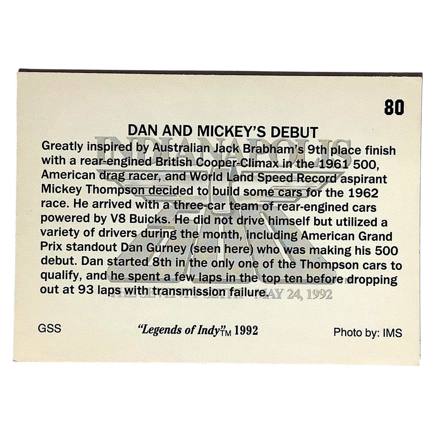 1962 Dan and Mickey's Debut, Indy 500, '62 Action 1992 Legends of Indy, #80