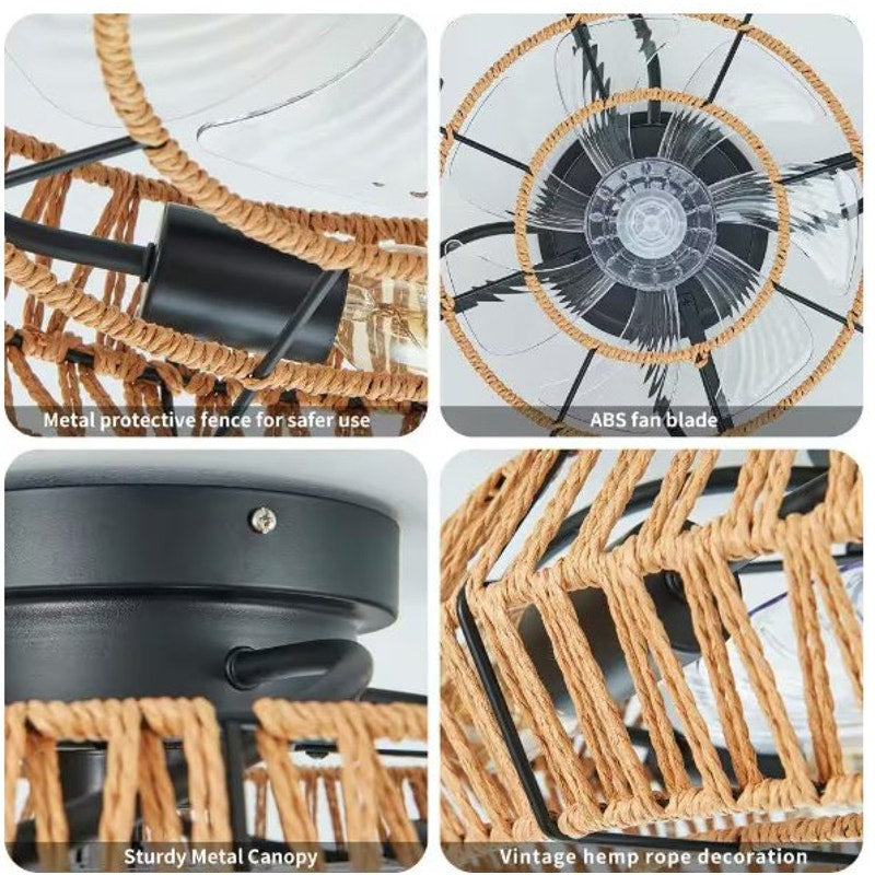 Deyidn 19.69" Indoor Hemp Rope Ceiling Fan Light Brown w/ Light Kit and Remote