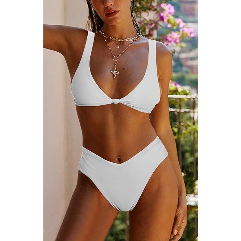 Thong Bikini Swimsuit Set White V Neck Brazilian High Cut Cheeky High Waisted, L