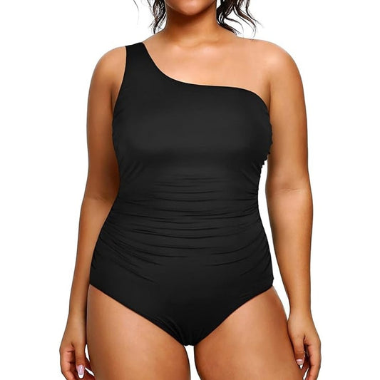 Aqua Eve Plus Size One Piece Swimsuit, Tummy Control, One Shoulder Black 22W