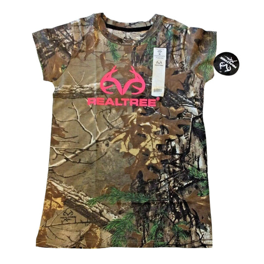 Realtree Women's XL Crew Neck T-Shirt Camo with Pink Logo & Spell Out