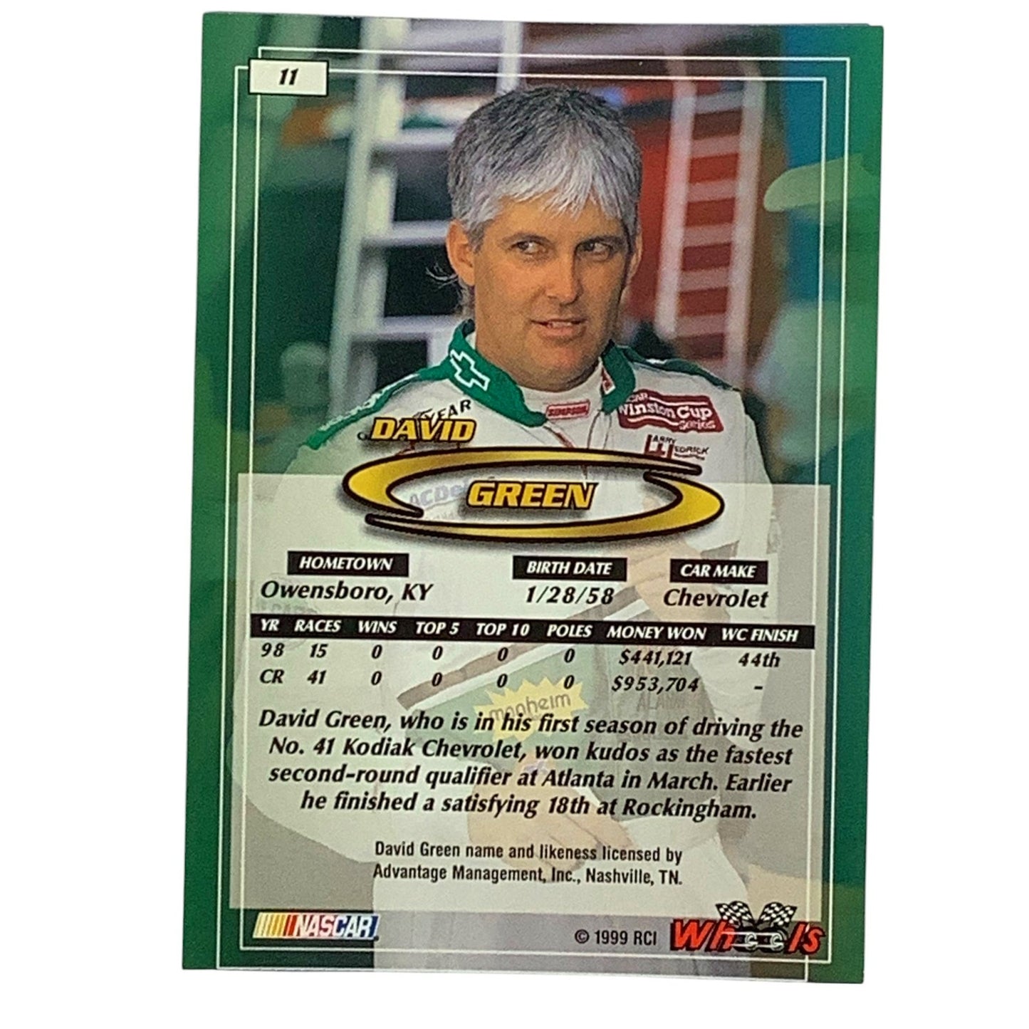 David Green, Sponsor: Kodiak, Card 11, 1999 Wheels NASCAR Winston Cup, NM+