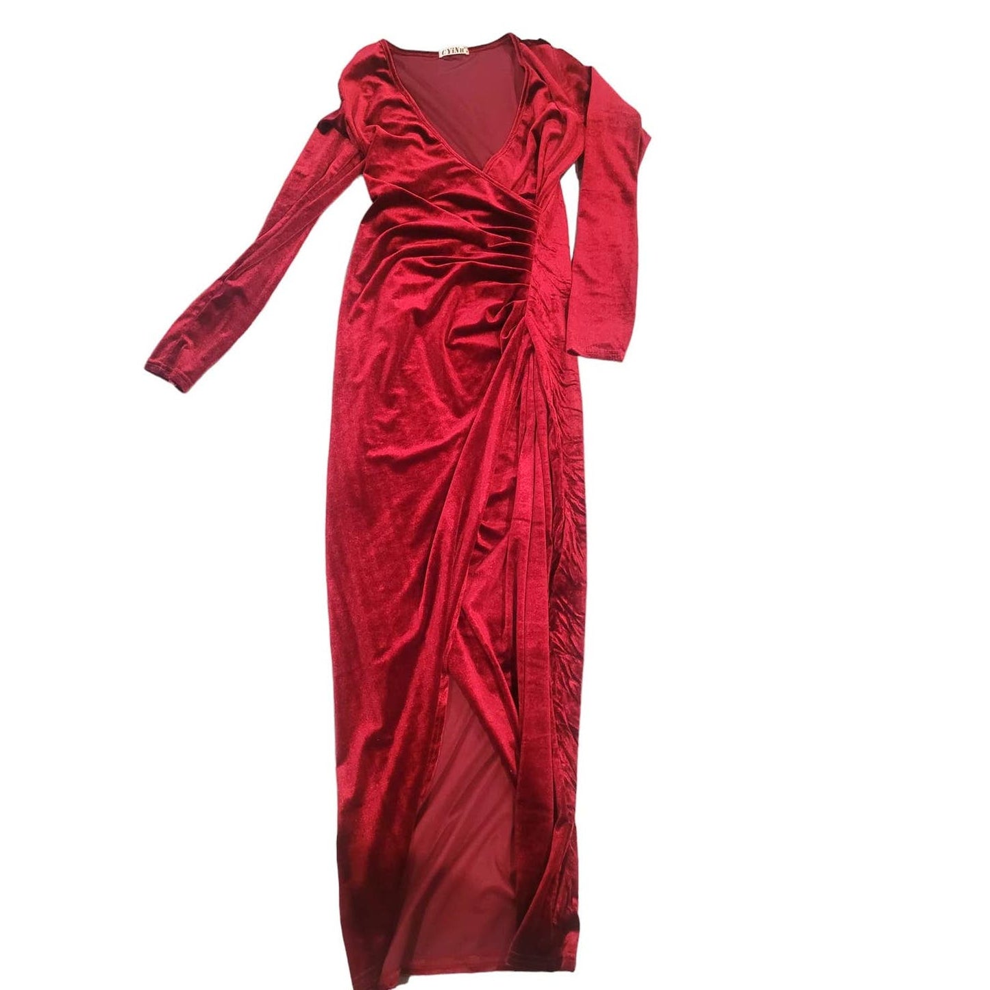 V-Neck Wrap Velvet Long Sleeve Elegant Bodycon Ruched Maxi Dress, M, Wine Red