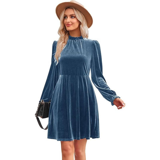 Women's Medium, Blue Velvet Dress Elastic Waistline, Long Sleeved Tunic Dress