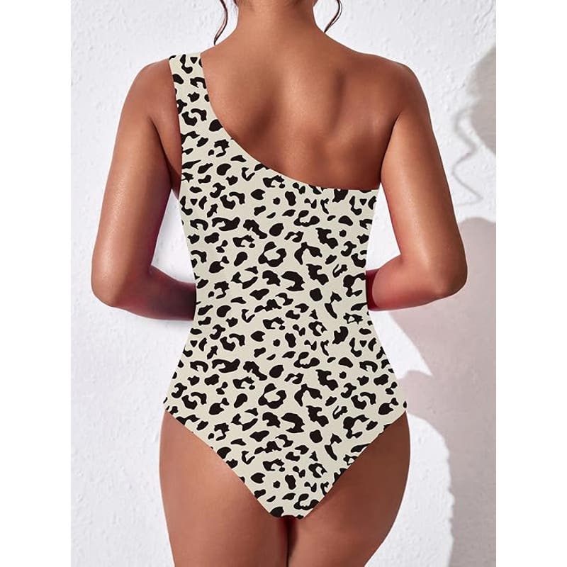 One Shoulder One Piece Ruched Swimsuit Tummy Control Full Coverage, Leopard, LRG