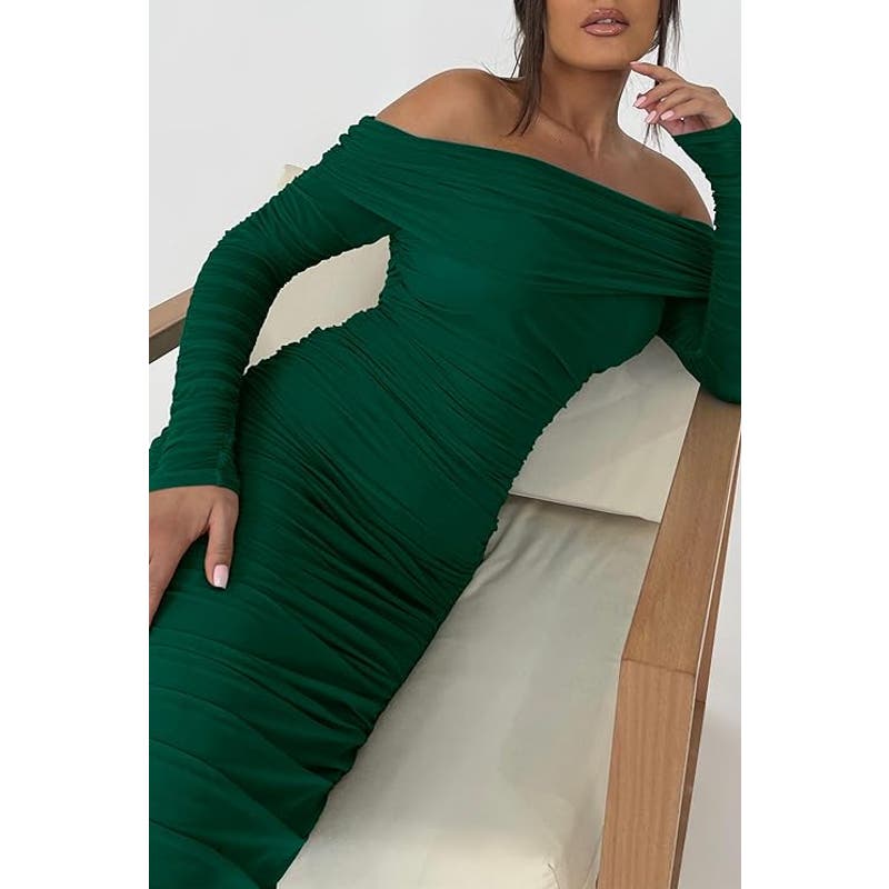 Fall Off Shoulder Maxi Bodycon Dress L/S Ruched Club Dress w/ Slit, MD, Green