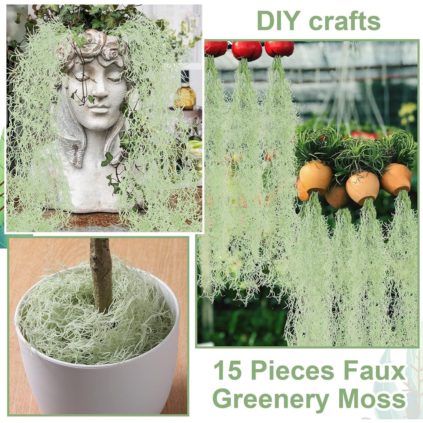 15 Pieces Faux Spanish Greenery Moss for Crafts, Potted Plants & Arrangements