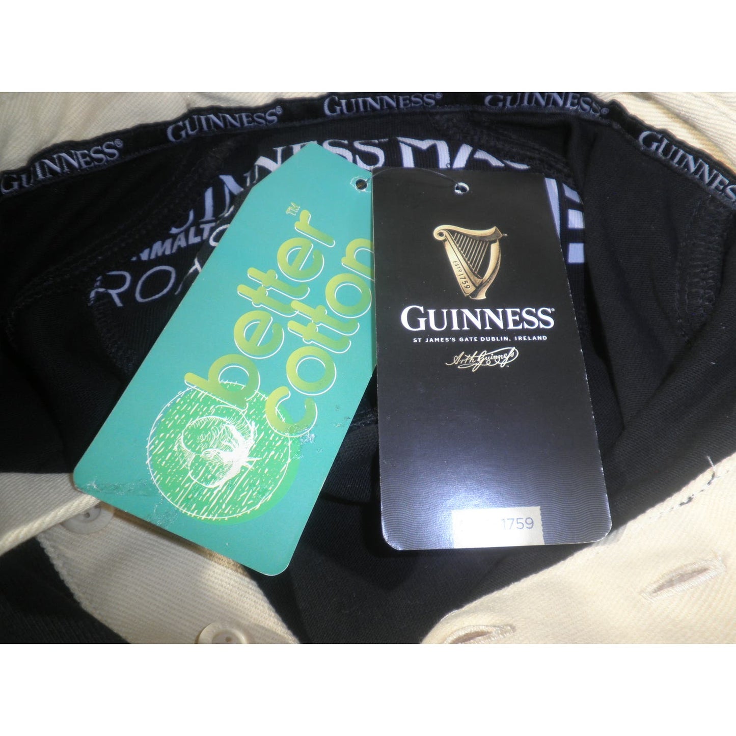 Guinness Traditional Black and Cream Long-Sleeve Rugby Jersey, XL, 100% Cotton