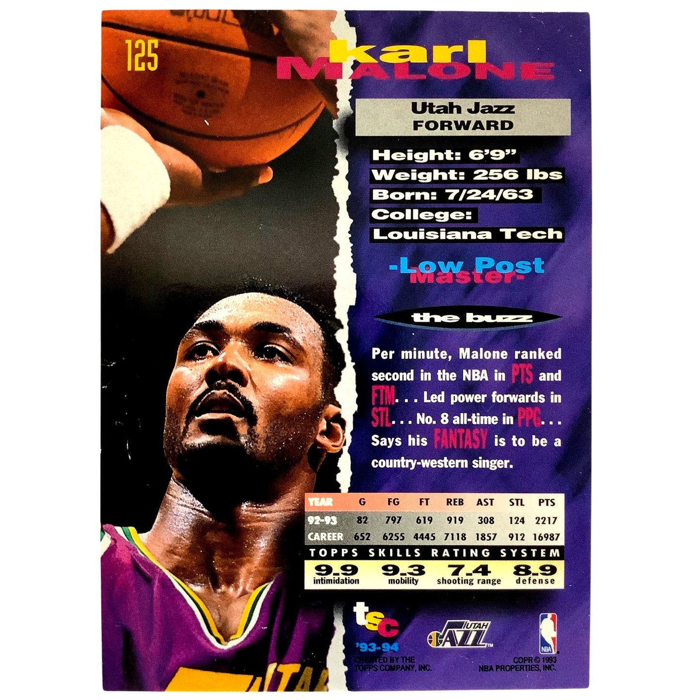 Karl Malone, Utah Jazz, 1993 Topps Stadium Club Collector's Card 125, EXC