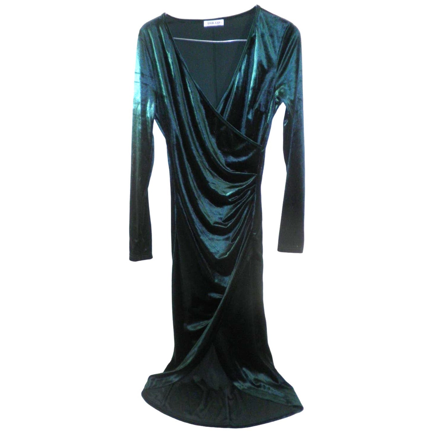 SM Elegant Green Velvet L/S Wrap V Neck Ruched Bodycon Cocktail Party Maxi Dress