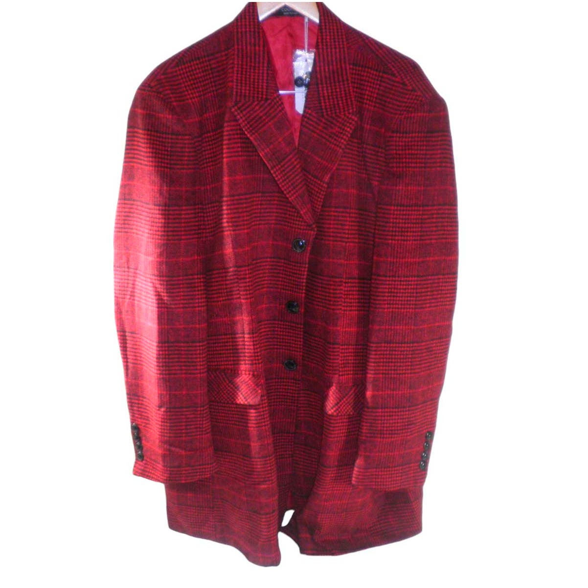 Men's 2XL Red Plaid Pea Coat, Wool/Poly Blend, Notched Collar w/ Black Scarf