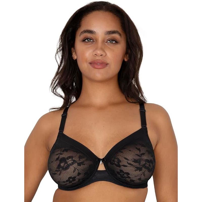 Curvy Couture Women's Plus Size No Show Lace Unlined Underwire Bra, 38D, Black