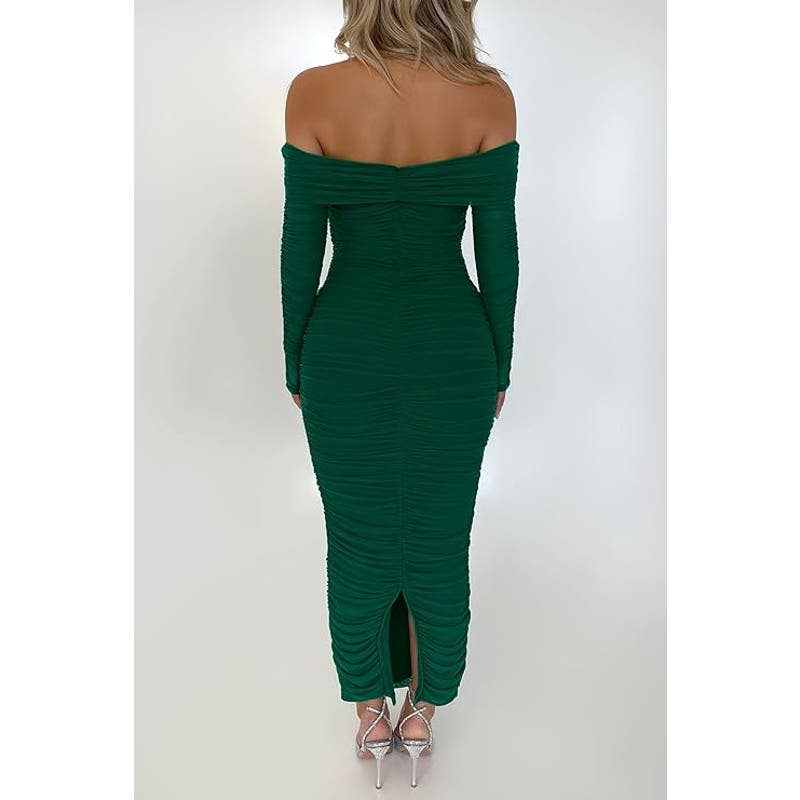 Fall Off Shoulder Maxi Bodycon Dress L/S Ruched Club Dress w/ Slit, MD, Green