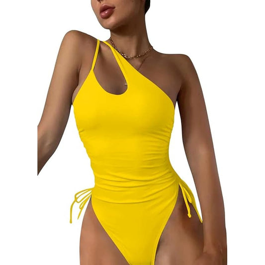 Brazilian One Shoulder Tummy Control Ruched Swimsuit, High Cut, Yellow, Medium