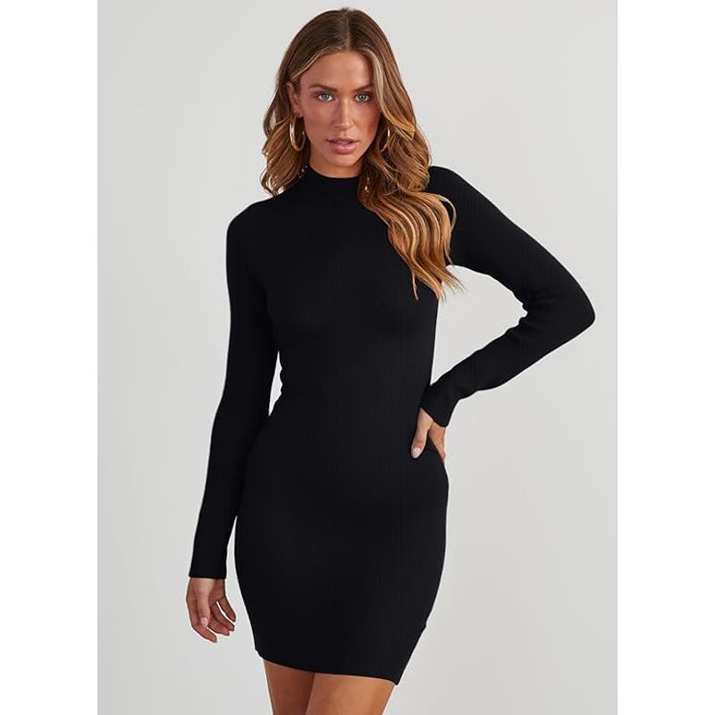 Long Sleeve Dress Mock Neck Basic Ribbed Slim Fit Casual Bodycon Mini Dress, LRG