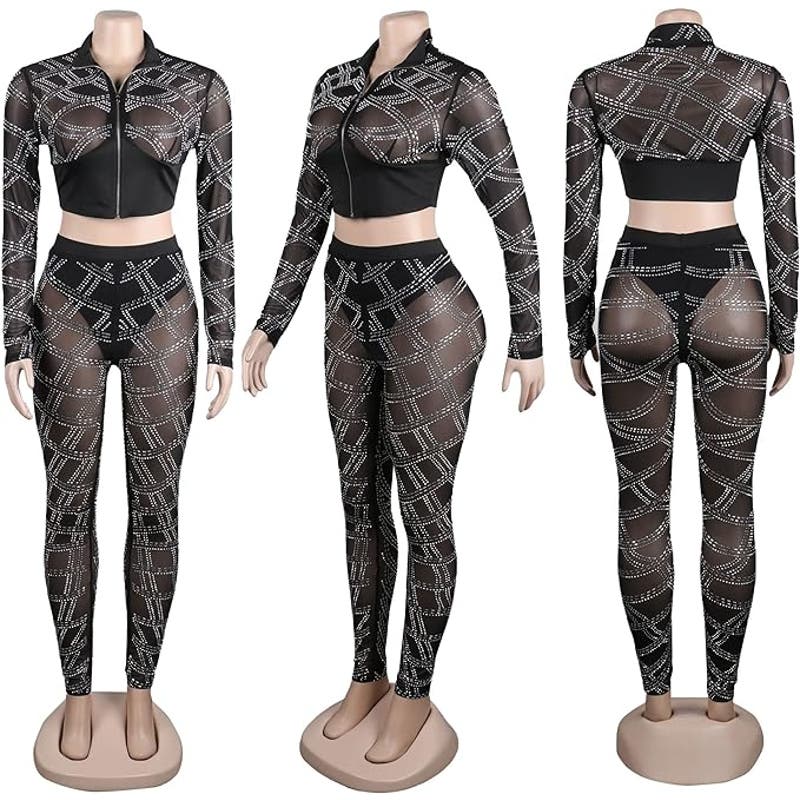 PORRCEY Sexy Women Hot Drilling Process L/S 2 Piece Bodycon Jumpsuit, Black, M