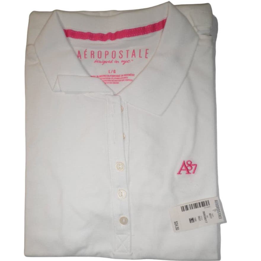 Aeropostale Men's Large Polo Shirt, White, Embroidered Logo in Pink