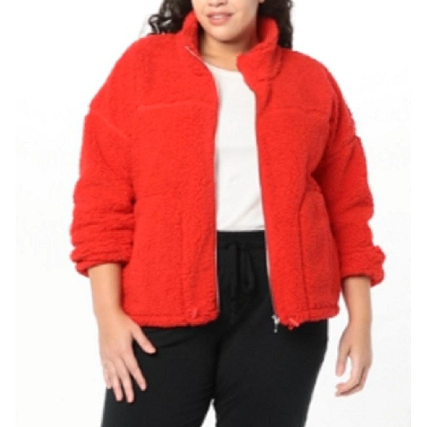 Women's Sherpa Jacket, Poppy Red, Large, Zip-Up Lined Fleece, Elastic Cuffs,