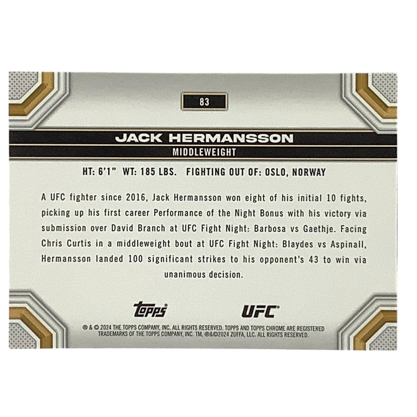 Jack Hermansson, Middleweight, UFC Card 83, 2024 Topps Chrome UFC, NM+