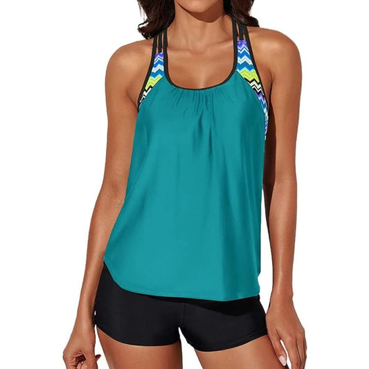 Strappy Blouson Printed T-Back Push Up Tankini Tops Padded Sporty Green L 12-14