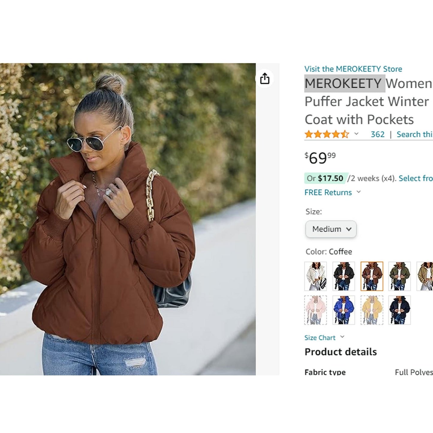 Women's L/S Stand Neck Puffer Coat Quilted Zip Baggy Down Jacket, Coffee, M