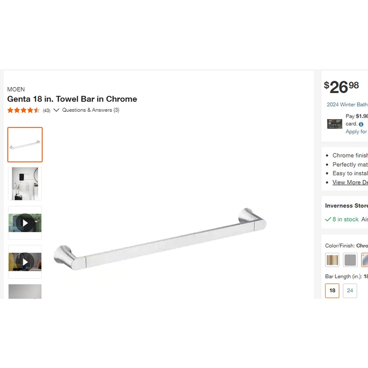 MOEN Genta 18 in. Towel Bar in Chrome, BH3618CH