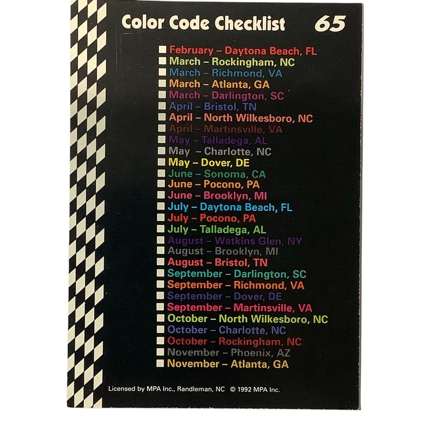 1992 Richard Petty Fan Appreciation Color Code Checklist, Food Lion MPA Card #65