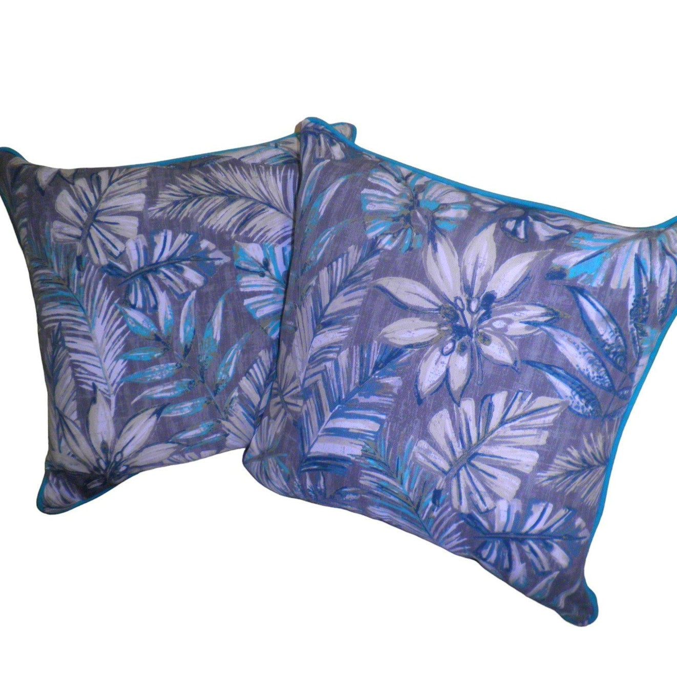 Set of 2 Square Outdoor Throw Pillows, Palm Hibiscus, Gray and Teal, 16 x 16 x 5