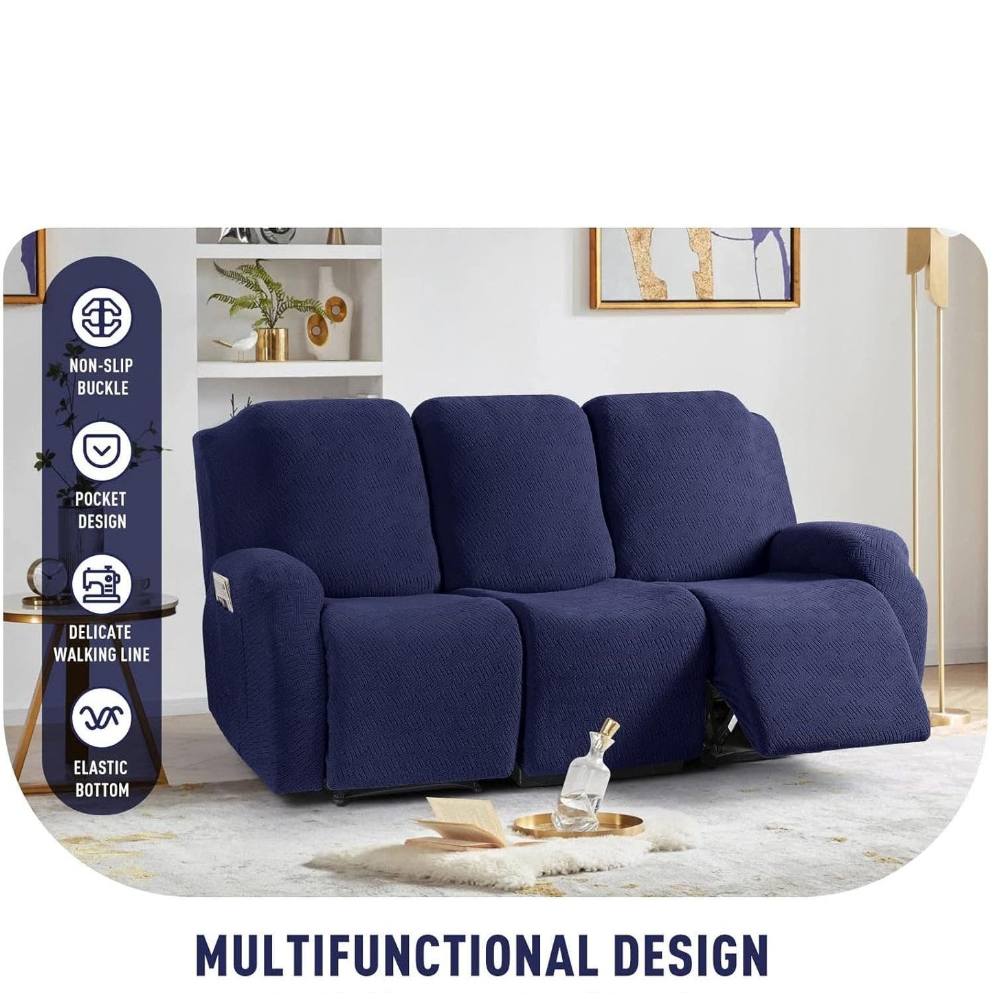 Furniture Recliner Sofa Slipcovers, Stripe Jacquard, (3 Seater, Dark Blue)