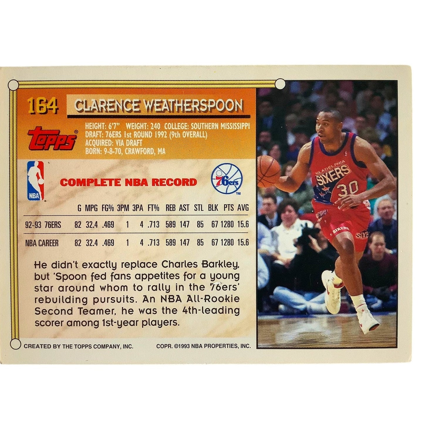 Clarence Weatherspoon, Philadelphia 76ers, 1993 Topps Gold NBA Card 164, EXC