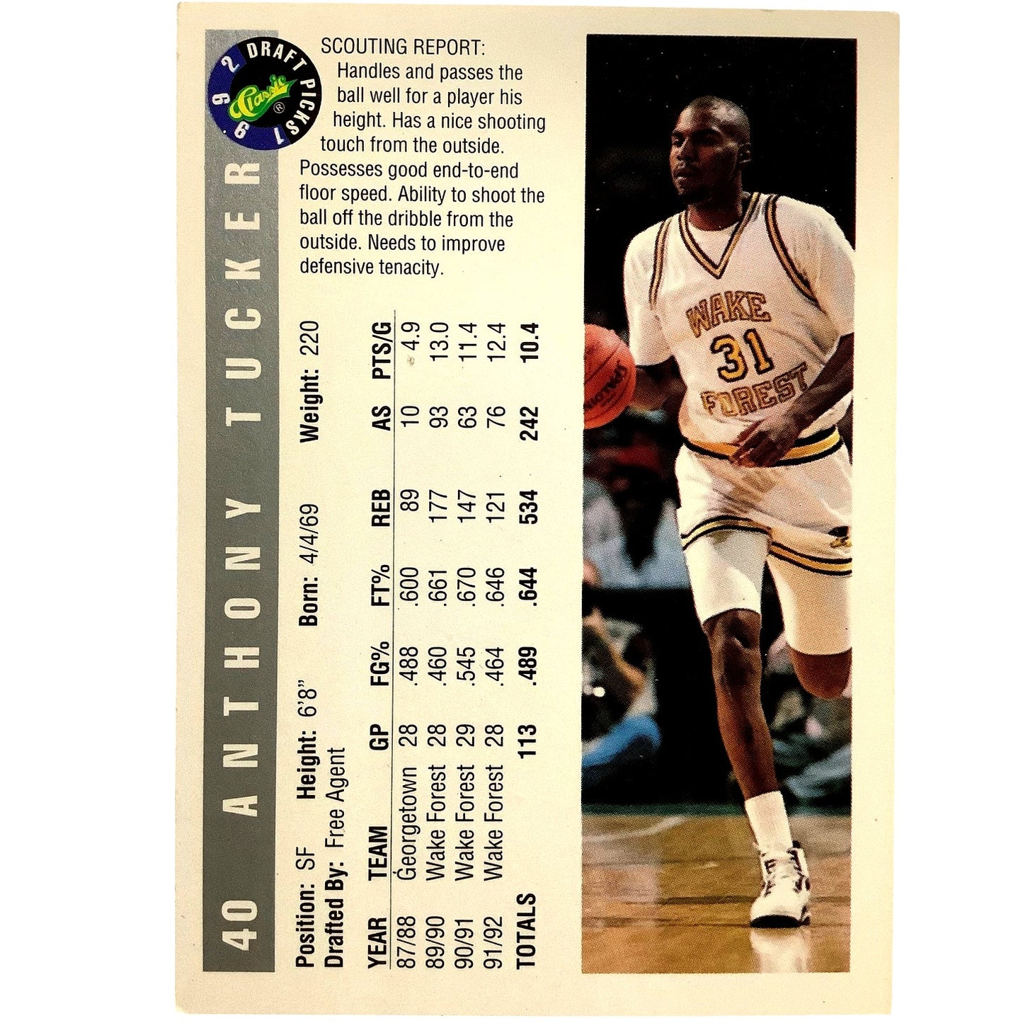 Anthony Tucker, Wake Forest (F), Classics 1992 Draft Picks Card 40, EXC