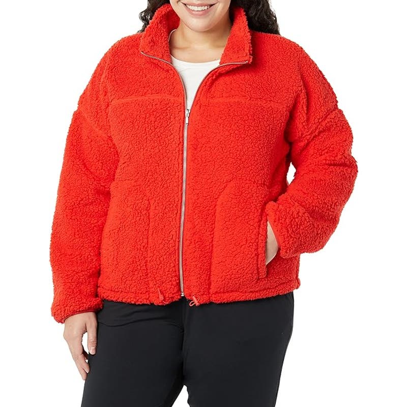 Women's Sherpa Jacket, Poppy Red, Large, Zip-Up Lined Fleece, Elastic Cuffs,