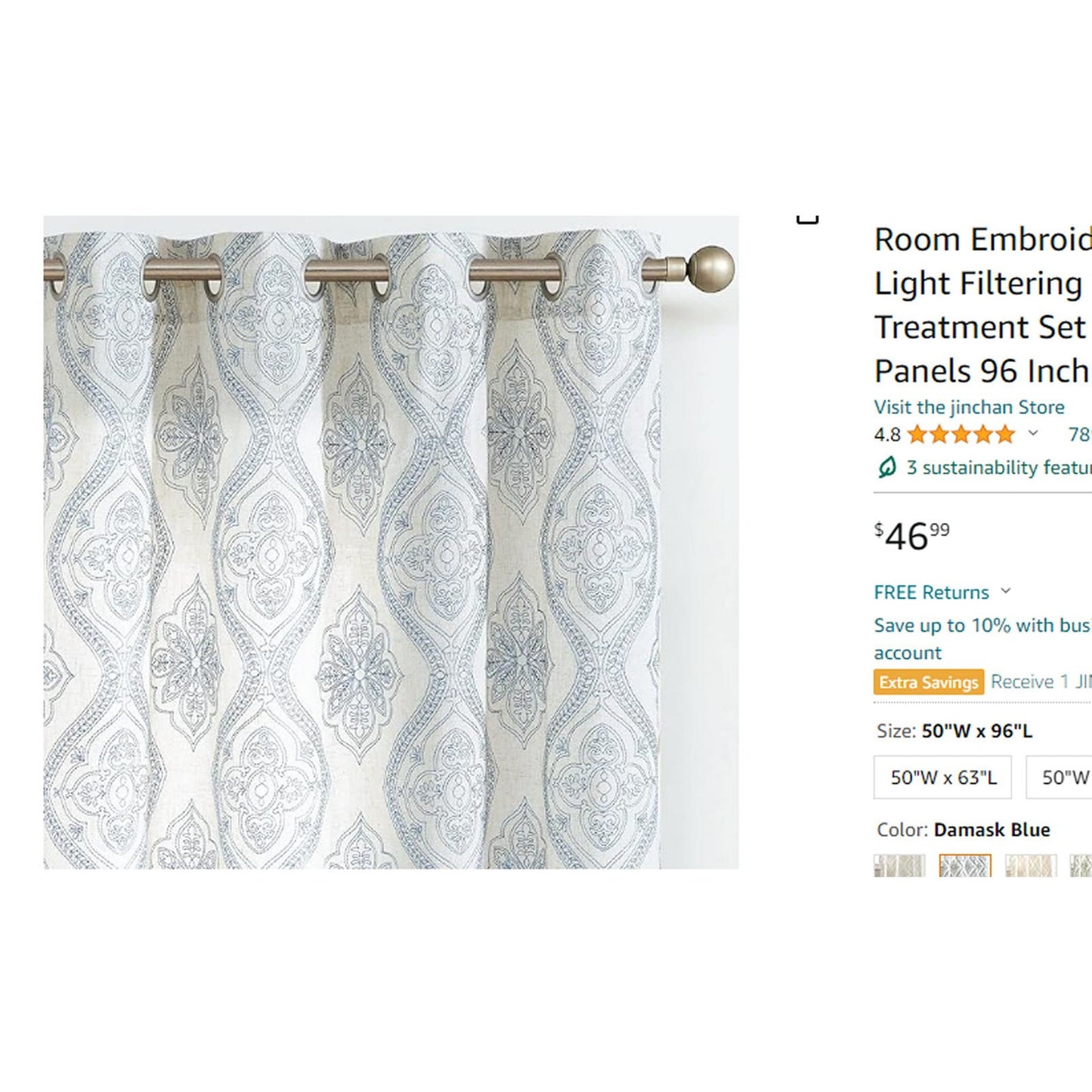 Farmhouse Linen Curtain Panels (2), Each 50"W x 96"L, Damask Blue w/ Grommets