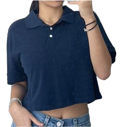 Wild Fable Women's Polo Style Cropped Top, 3-Button Shirt, Navy Blue, XX-Large