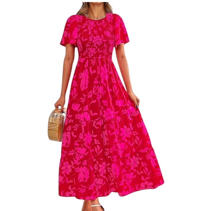 Casual Flutter S/S Boho Floral Maxi Dress Crew Neck Smocked Tiered Long Dress, S