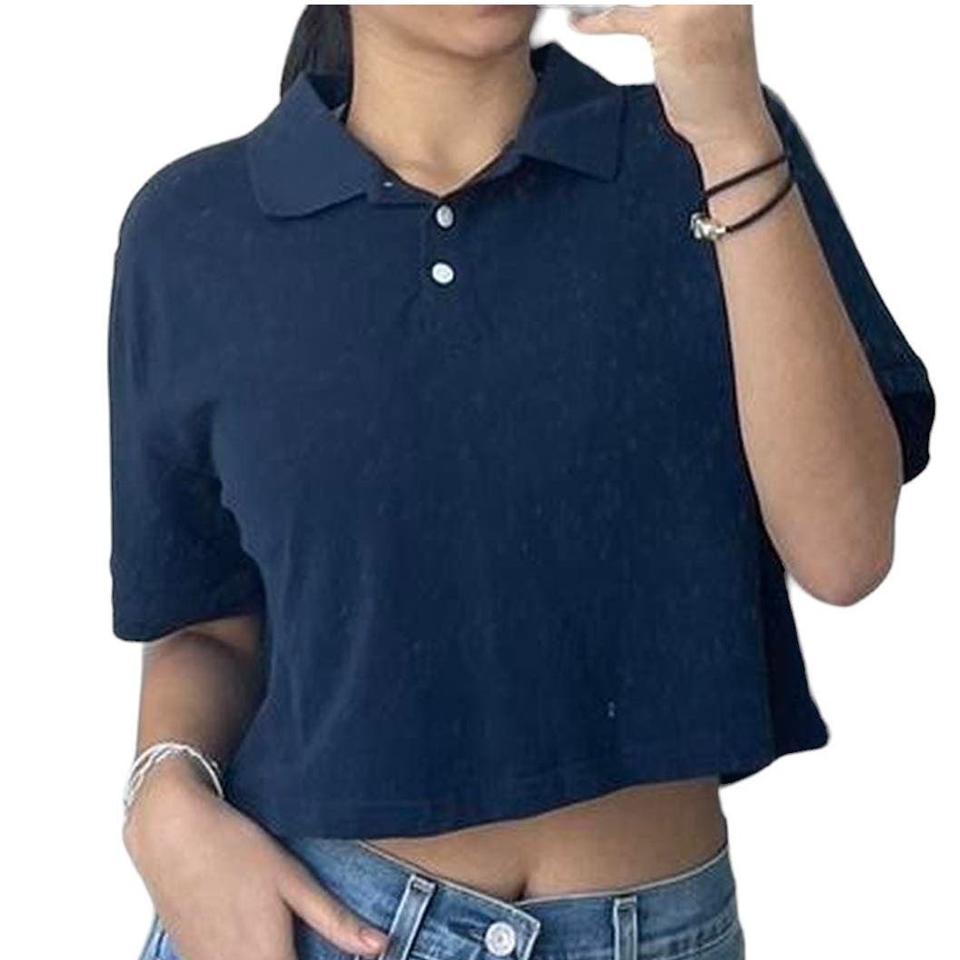 Wild Fable Women's Polo Style Cropped Top, 3-Button Shirt, Navy Blue, X-Large