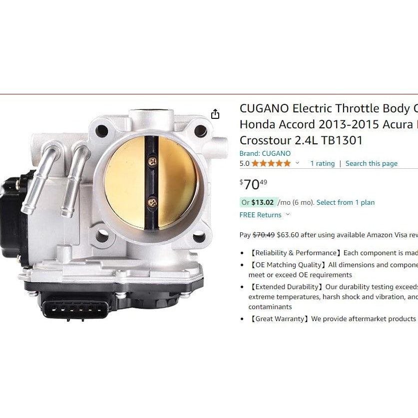 Electric Throttle Body Fits 08-12  Accord, 2013-15 Acura ILX, 2012-15 Crosstour