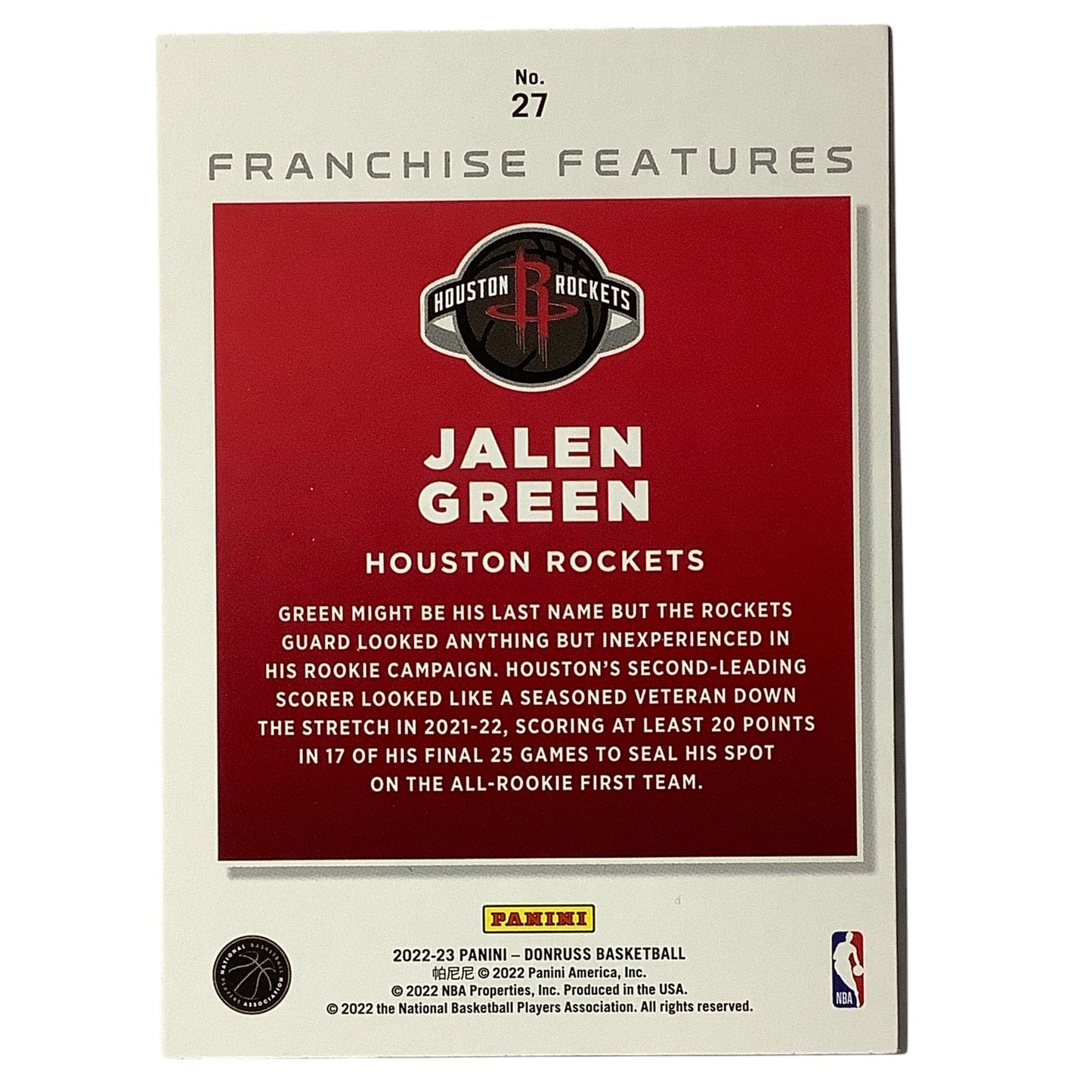 Jalen Green - Franchise Features Card #27, Rockets, 2022-23 NBA Panini Donruss