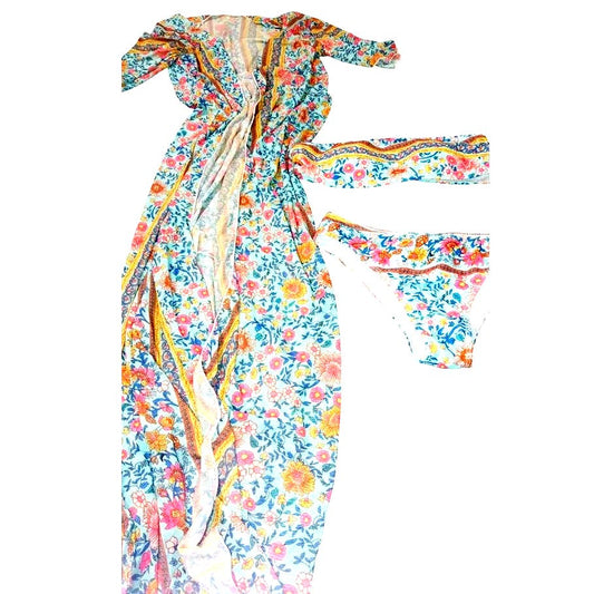 SOLY HUX 3 Piece Floral Print Bandeau Bikini Sets w/ Beach Kimono Cover Up, S