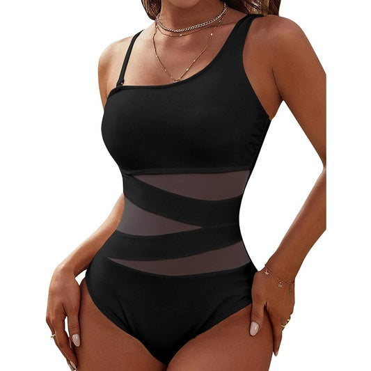 Blooming Jelly One Piece, One Shoulder Swimsuit, Slimming Mesh, Medium, Black