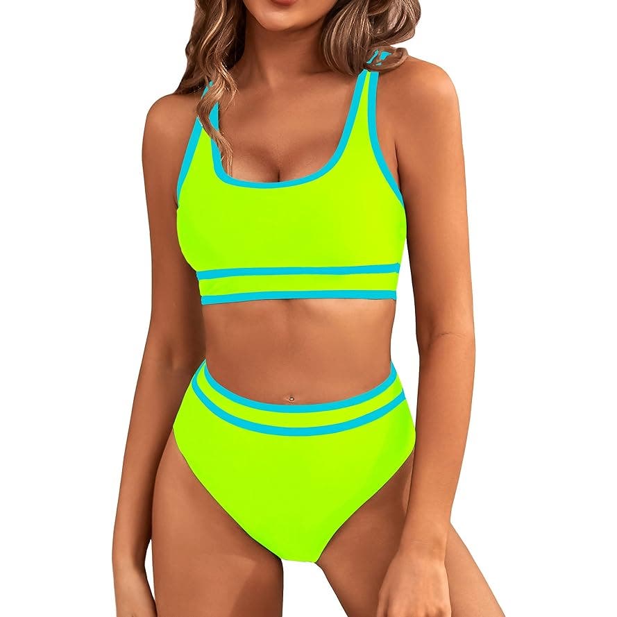 High Waisted Bikini Set, Two Piece, Color Block Cheeky High Cut, M, Neon Green