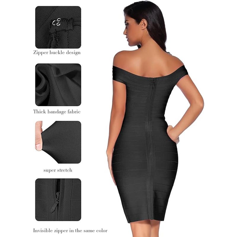 Women's Rayon Strap V-Neck Bandage Bodycon Party Dress, Medium, Black