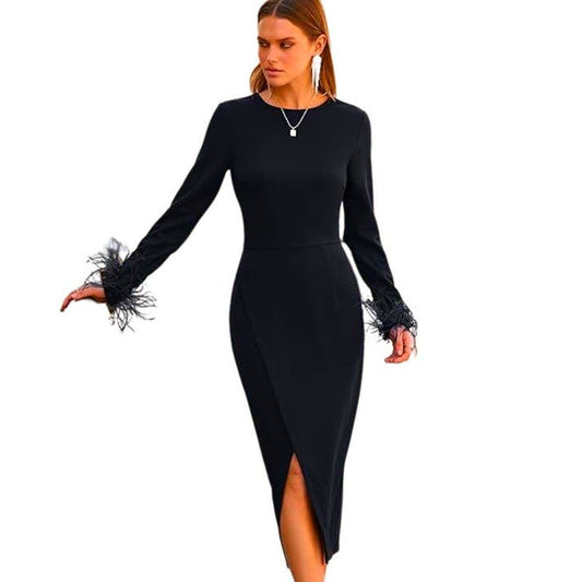 Long Sleeve Dress Formal Midi Bodycon Wrap Slit Feather Elegant, Black, Small