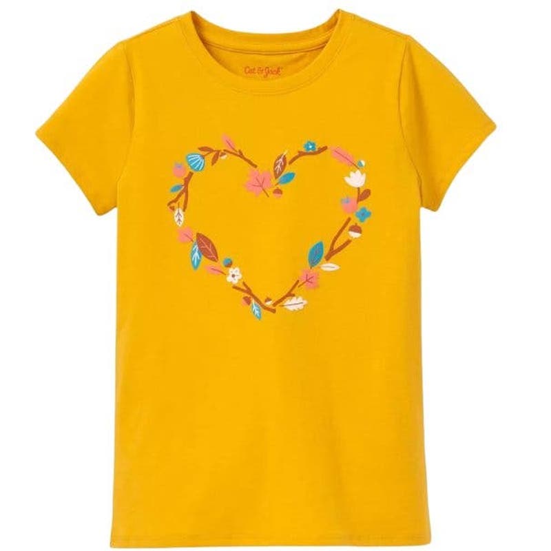 Girls XS(4/5) L/S Graphic "Leaf Heart" Long Sleeve T-Shirt, Amber/Mustard Yellow