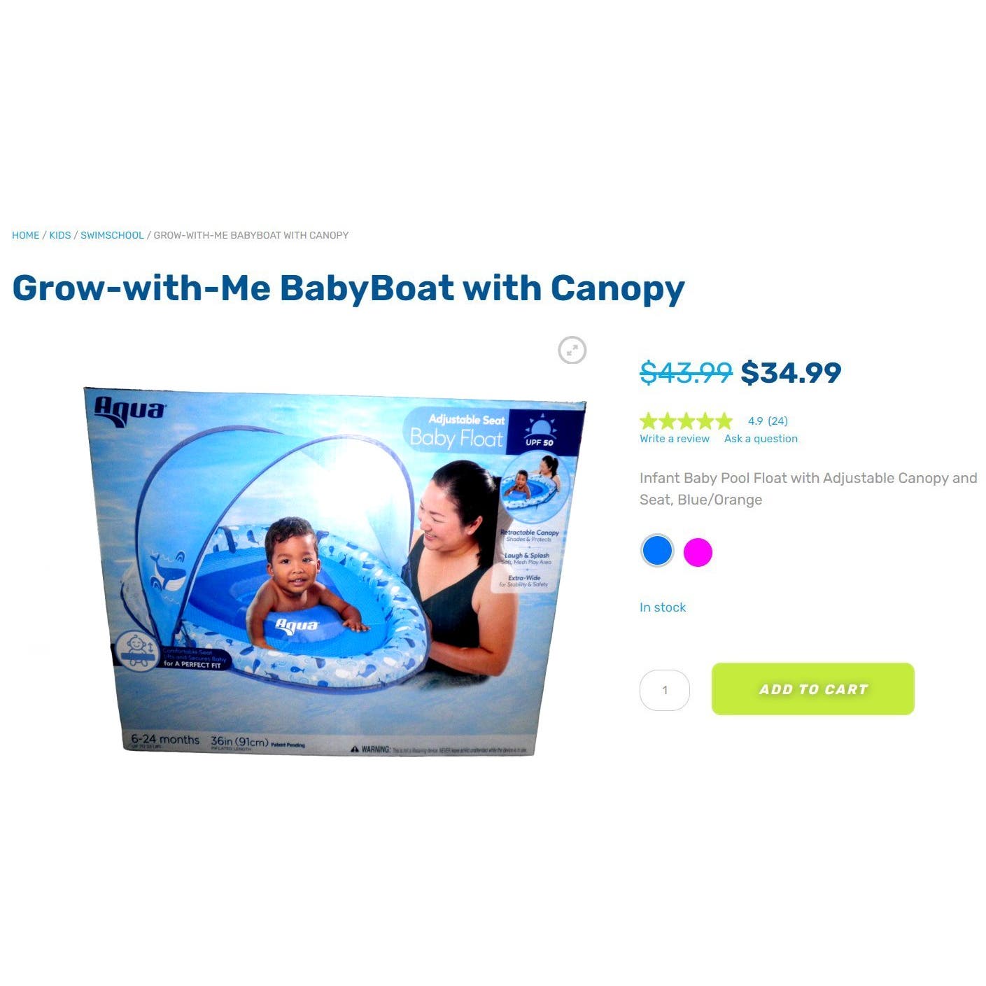 Aqua Leisure Adjustable Seat Baby Pool Float w/ Retractable Canopy, Whales- Free Shipping!