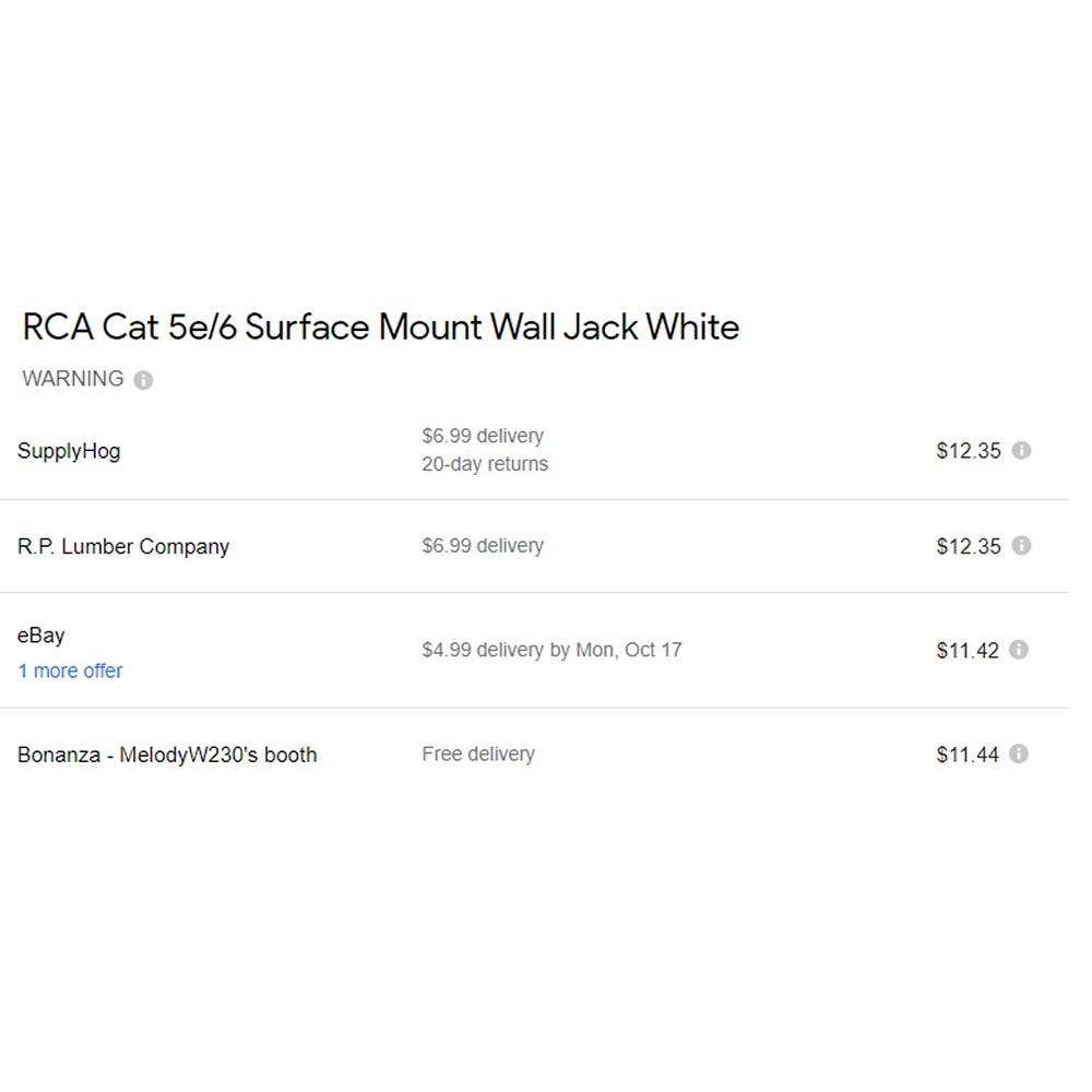 RCA White Surface Mount Jack, Plastic CAT 5E/6 Wall Jack, TPH563R