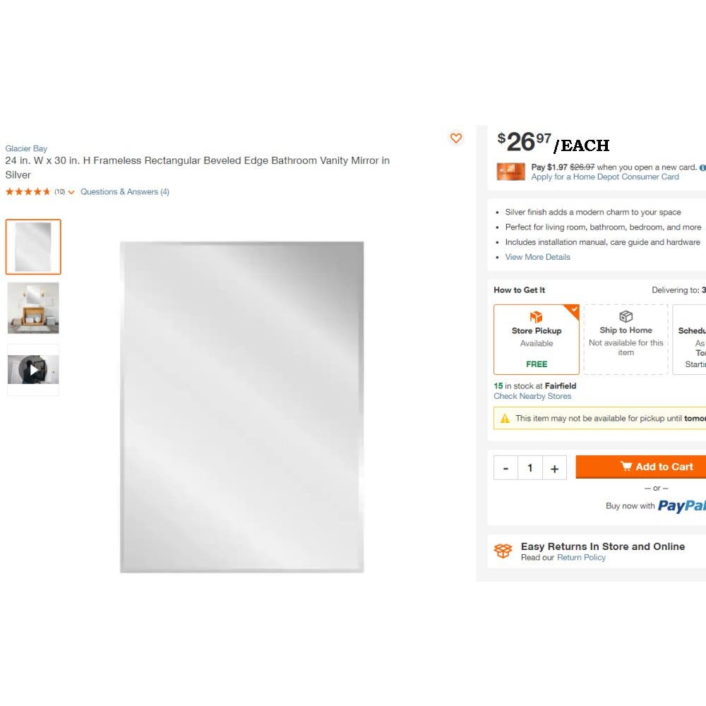 [LOCAL PICKUP 35054 Cropwell AL $30 Per case of 4 Mirrors] (4-PK) 24 in. x 30 in. Frameless Rectangular Beveled Edged Mirror (4 Mirrors) [LOCAL PICKUP 35054 Cropwell AL $30 Per case of 4 Mirrors]