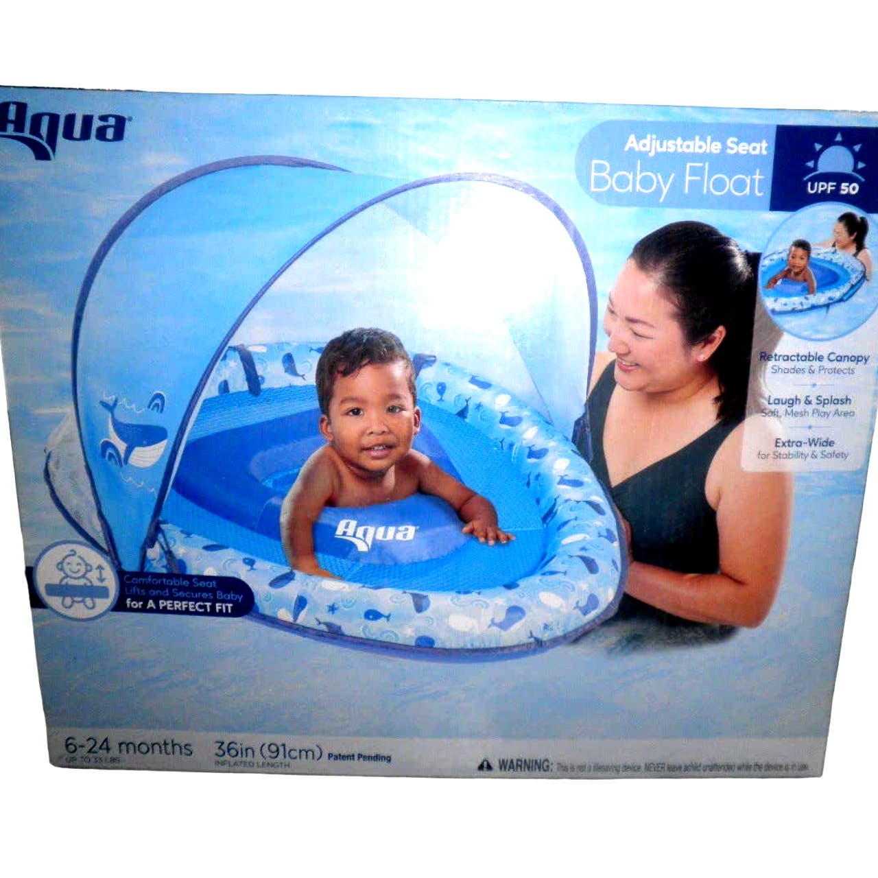 Aqua Leisure Adjustable Seat Baby Pool Float w/ Retractable Canopy, Whales- Free Shipping!