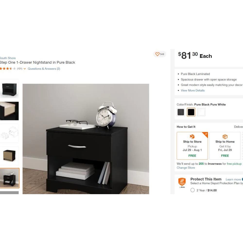 1 Pr (2 Nightstands), South Shore Step One 1-Drawer Nightstands, Black 19x22x17 [Local Pickup in Cropwell, AL 35054 $25 for the Pair]